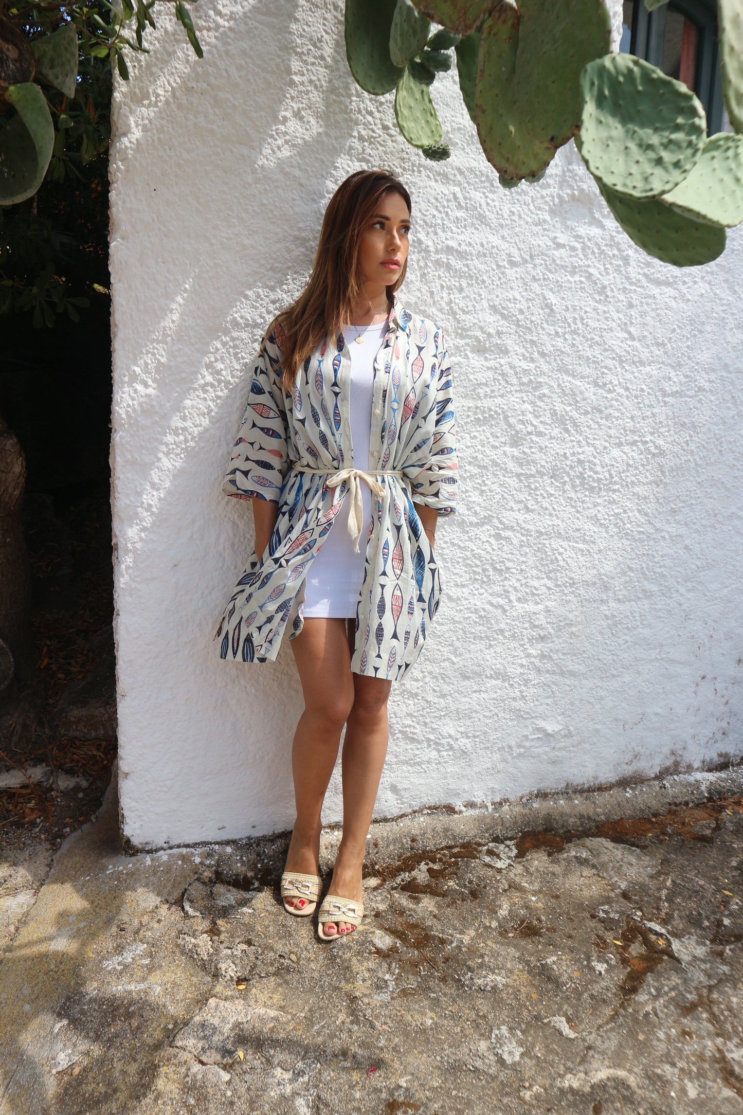 Camicia kimono white poisson